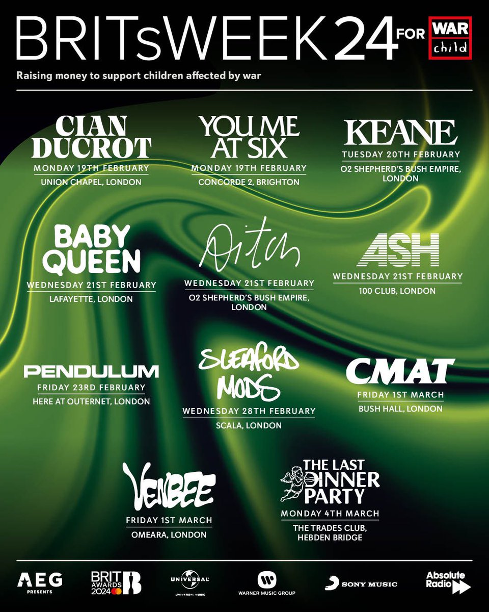 💫#BRITsWeek for #WarChild is back! 
We've got some of the biggest names in music performing at legendary venues to raise money for children affected by conflict, at a time when more children than ever need our support. 
🔗Sign up now for presale access: bit.ly/41K4pM6