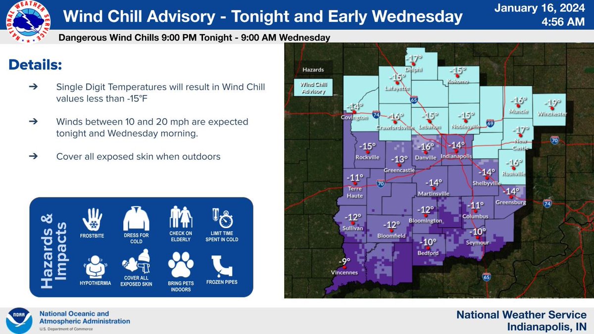 Dangerous wind chills will continue tonight and Wednesday morning. A Wind Chill Advisory is in effect from 9:00 PM tonight thru 9:00 AM Wednesday for the northern half of central Indiana. #inwx #indy