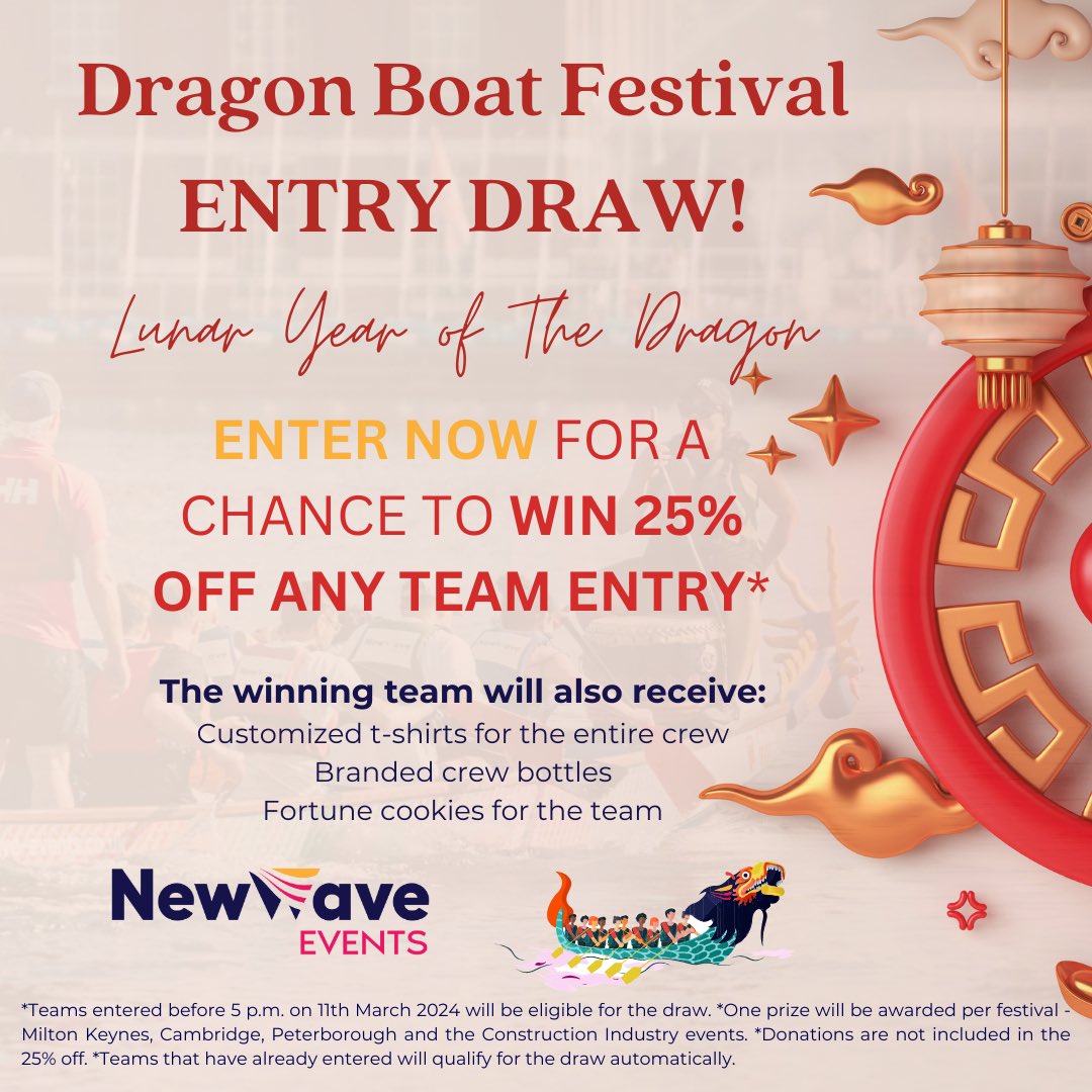 In celebration of the upcoming Lunar New Year, the Year of the Dragon 🐉, we are launching an exclusive promotion for our 2024 Dragon Boat Festivals 🌊🙌

Head to dragonboatevents.co.uk for online entry forms or call us today for more info 📞01536 674748
#dragonboatfestival