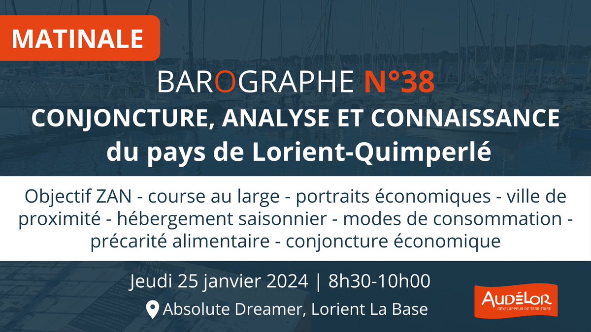 AUDELOR's tweet photo. 📣RDV le 25 janvier pour la présentation du prochain #Barographe du pays de Lorient-Quimperlé
🔎Objectif #ZAN, portraits économiques @LorientAgglo &amp; @QuimperleCo, course au large, hébergement des saisonniers, ville élémentaire, modes de consommation...
➡️https://t.co/QTp3WAqSyj https://t.co/Fw4lRum0PT
