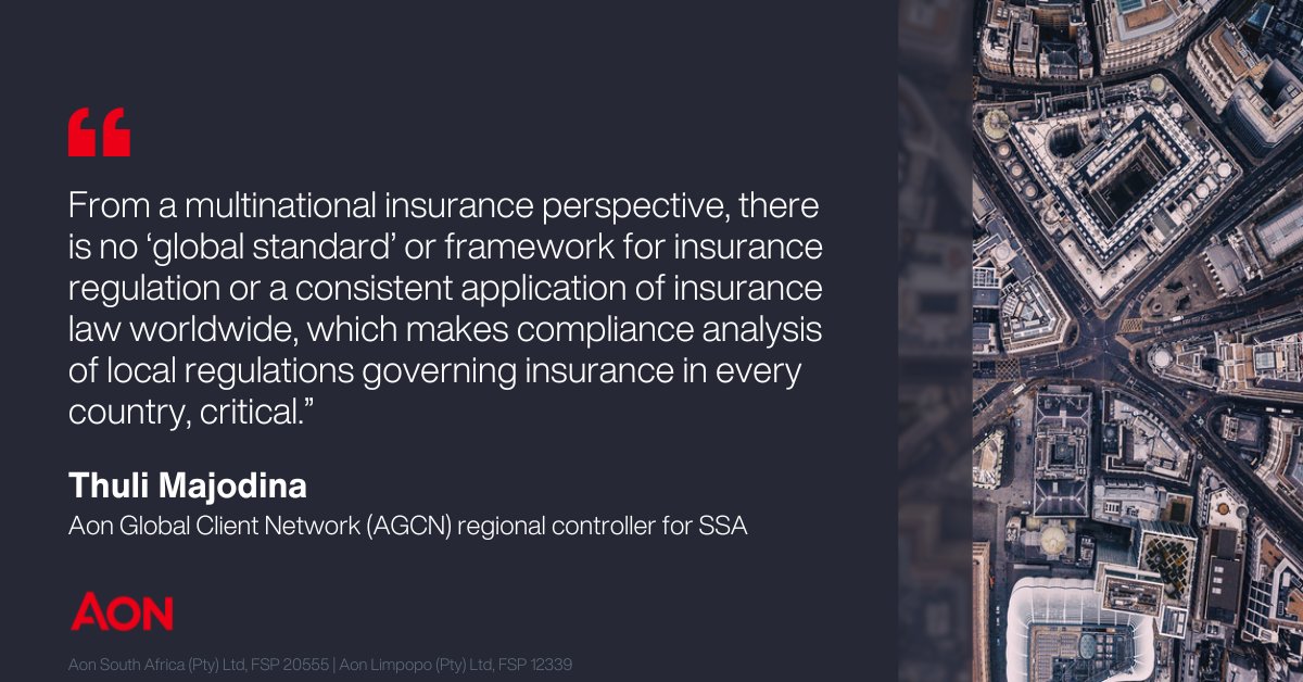 Aon_SouthAfrica's tweet image. Compliance with local and international legislation is critical for multinational companies. Do you need a broker that has the global network and local expertise that you need? aon.io/47DQp7T
#AonSA #MultinationalInsurance #BetterDecisions