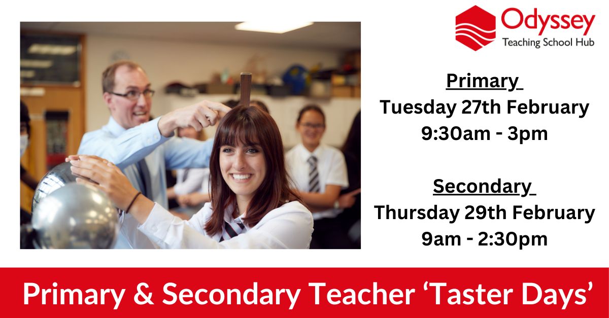 Odyssey Teaching School Hub (@odysseytshub) on Twitter photo New year, new career??
Cheltenham Taster Days now open to book!
Get in touch on 01242 538240 or email admin@odysseytsh.org to reserve your place
#getintoteaching #traintoteach #itt New year, new career??
Cheltenham Taster Days now open to book!
Get in touch on 01242 538240 or email admin@odysseytsh.org to reserve your place
#getintoteaching #traintoteach #itt