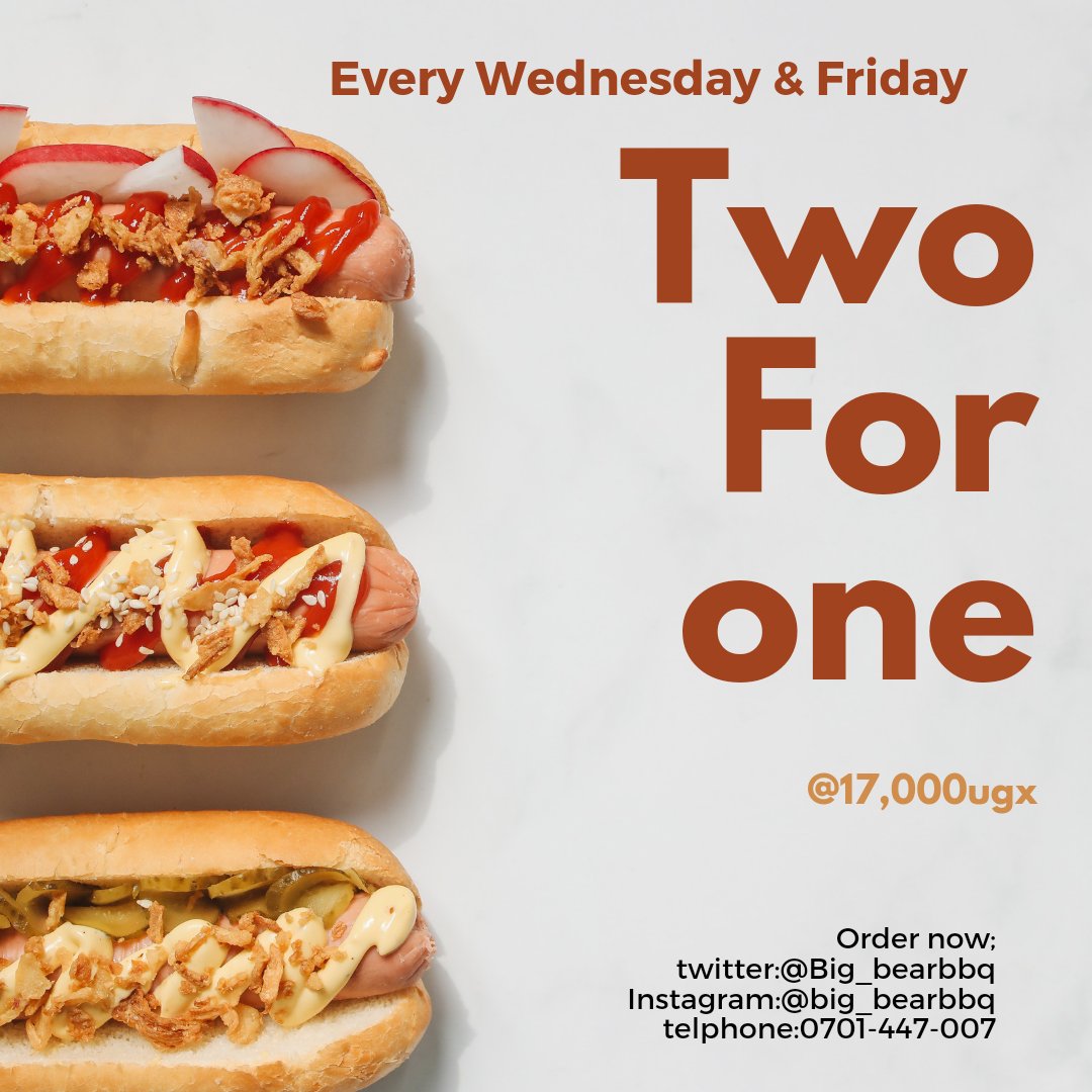 🌭✨ 'Sizzle up your Wednesdays and Fridays with our mouthwatering deal! Buy 2 hotdogs for just Shs 17,000 and snag a FREE one! 🔥 Hurry, the taste is calling! #HotdogHumpDay #SavorTheFlavor'