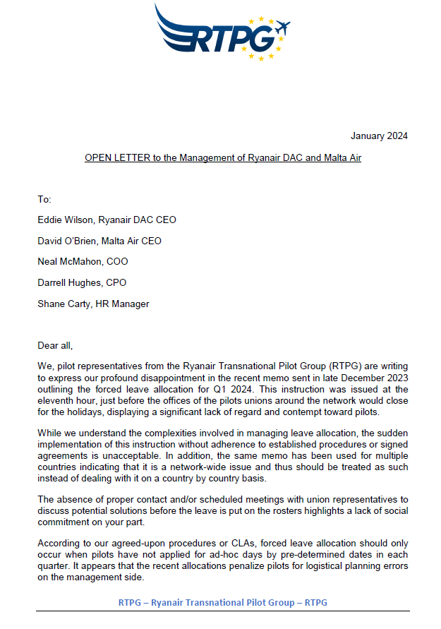 Ryanair Transnational Pilot Group tweet media