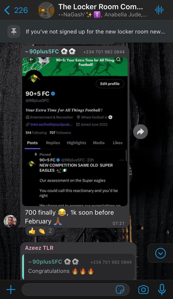 EdmundOris's tweet photo. Setting goals and achieving them is all we do in The Locker Room Community
Watch out for @90plus5FC as he hit his follower number goal
#TLRC 🚀 https://t.co/cmn5EFLk22