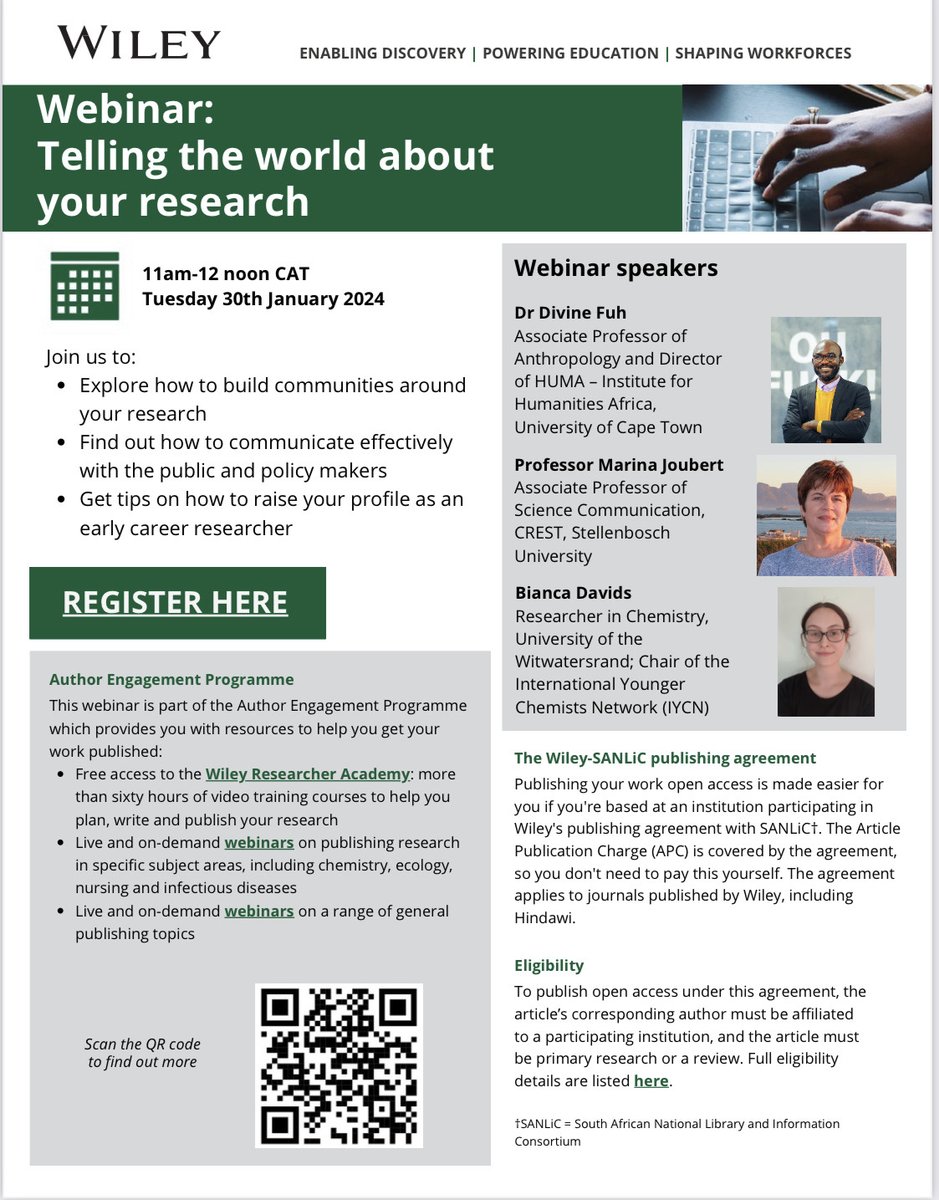 Telling the world about your research!

A thought-provoking Webinar coming up soon w/ #HUMA Director <a href="/divinefuh/">Taah Abongnelaa Divine Fuh</a>, Prof. <a href="/marinajoubert/">Marina Joubert</a> <a href="/CREST_SU/">CREST, Stellenbosch University</a> &amp; Researcher Bianca Davis <a href="/IntlYoungerChem/">International Younger Chemists Network (IYCN)</a> 

Tuesday, Jan 30th hosted by <a href="/WileyGlobal/">Wiley</a> 

Register to join: register.gotowebinar.com/regi.../866931…