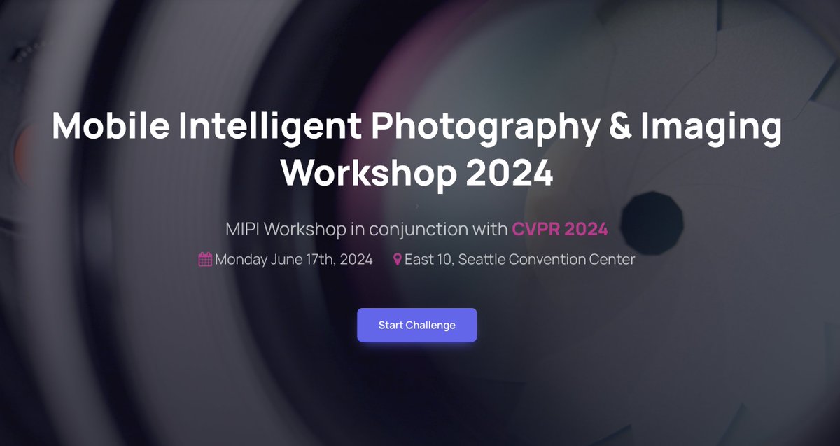 ccloy's tweet photo. 📸 Excited to announce the 3rd Mobile Intelligent Photography and Imaging (#MIPI) Workshop at #CVPR2024! 🌟 Focus on cutting-edge MIPI tech, integrating innovative image sensors & algorithms.

🚀 Challenges ahead:

Few-shot Raw Image Denoising
Demosaic for HybridEVS Cameras
Nighttime Flare Removal

📅 Paper Deadline: Mar 10, '24 
🔥 Challenge: Jan 15 - Mar 06, '24

Join us for expert insights & challenges! Details: https://t.co/l1xBZANhHG