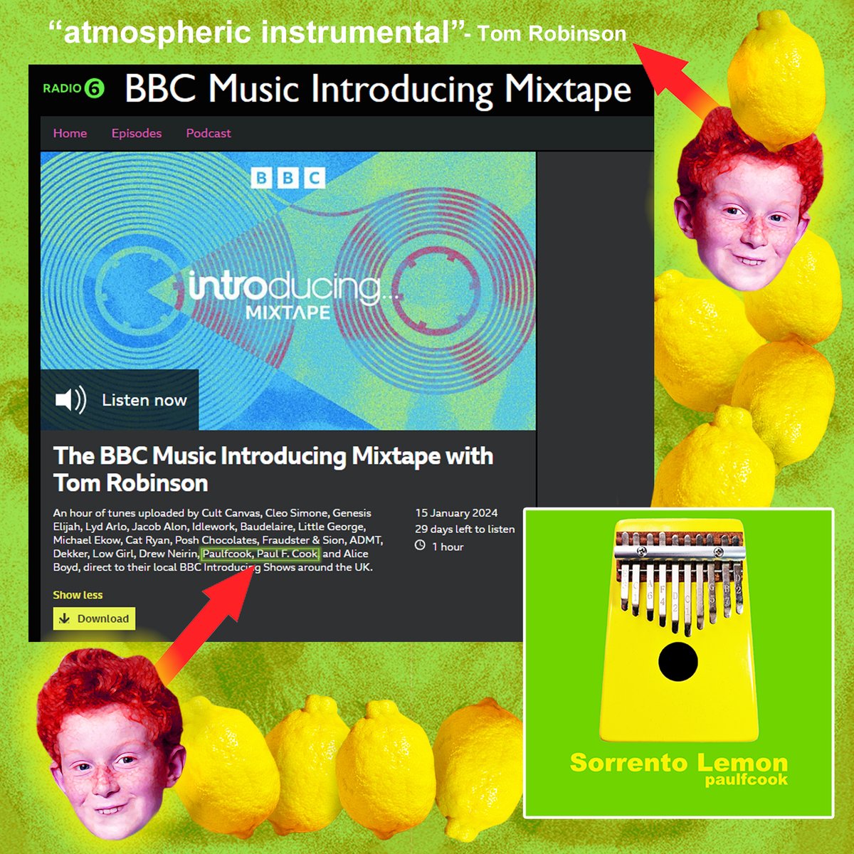 Paul F Cook (@paulfcook) on Twitter photo As ever, Tom Robinson (<a href="/freshnet/">Fresh On The Net</a>) has collated some fantastic music from around the <a href="/bbcintroducing/">BBC Music Introducing</a> network including my "atmospheric instrumental" track 'Sorrento Lemon'. Thank you! 💛🍋💛
You can listen or download the Mixtape here: bbc.co.uk/programmes/p0h…
#grassrootsmusic As ever, Tom Robinson (<a href="/freshnet/">Fresh On The Net</a>) has collated some fantastic music from around the <a href="/bbcintroducing/">BBC Music Introducing</a> network including my "atmospheric instrumental" track 'Sorrento Lemon'. Thank you! 💛🍋💛
You can listen or download the Mixtape here: bbc.co.uk/programmes/p0h…
#grassrootsmusic