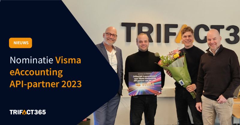 Namens #TriFact365 hebben Kristian van Dijk en Koen Douma onlangs de nominatie voor Visma eAccounting API-partner van het jaar 2023 in ontvangst mogen nemen van Bob Huisman en Jeroen Graafland! 🎉