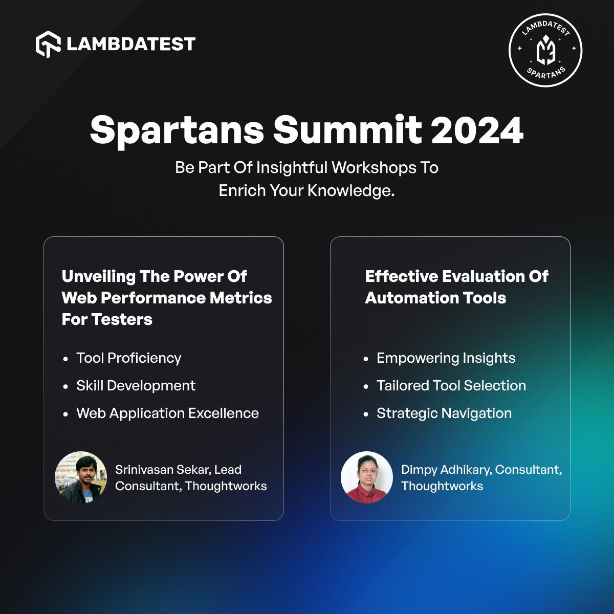 Seize the opportunity to transform your skills with our Spartans at Spartans Summit 2024!  🌍💻 Register now bit.ly/3O6usaG to immerse yourself in hands-on sessions led by industry experts like @srinivasanskr, Lead Consultant, and Dimpy Adhikary Consultant from