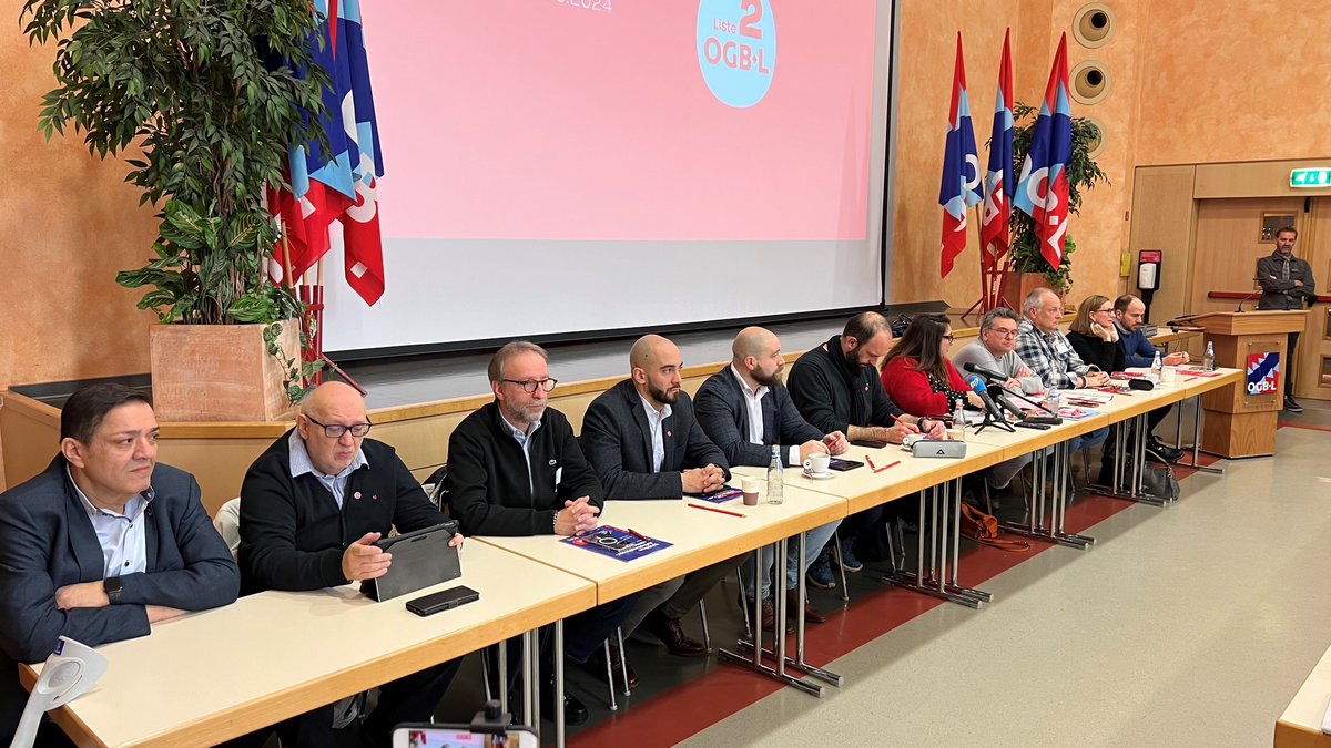 OGBL_Luxembourg's tweet photo. L’OGBL tient ce matin une conférence de presse à l'occasion du lancement de sa campagne dans le cadre des élections sociales du 12 mars 2024, en présence d'un certain nombre de candidats OGBL aux élections de la Chambre des salariés. 

▶️ Plus d'infos: https://t.co/ruQ07f8ON3 https://t.co/YPm6QF3SYp