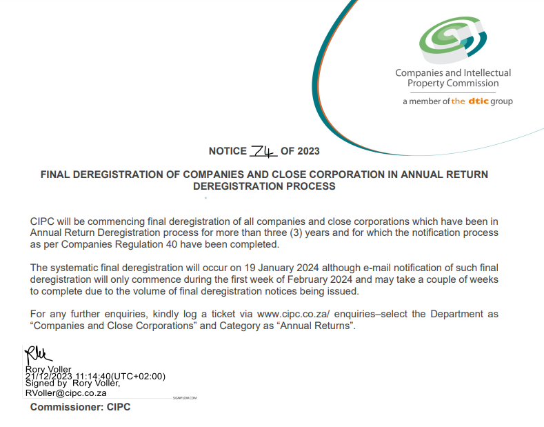 theCIPC's tweet photo. Dear Customer
The systematic final deregistration will occur on 19 January 2024, β³ 3 days left before final deregistration. Making a deposit/payment into your customer account does not submit your company's annual returns but filing on https://t.co/9Aq0Ad7kOF
#CIPC
#ARFiling https://t.co/9wue98HWB5