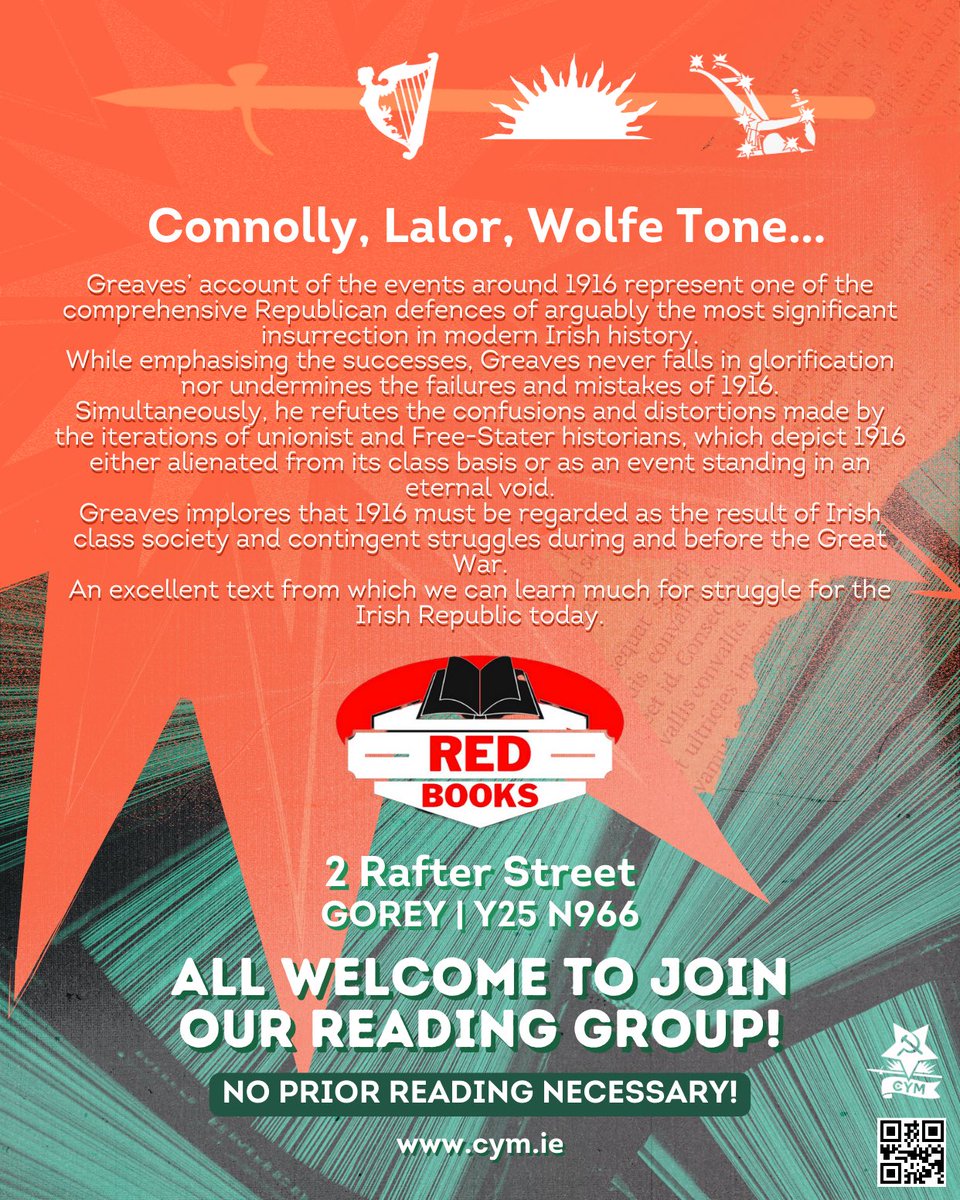 CYMWexford's tweet photo. CYM members in Wexford will be continuing our Republican discussion group taking place in Red Books Gorey, alternating texts on the last Friday of every month.

#SocialistRepublicanism #Republicanism #IrishRepublican #IrishReading #IrishBook #IrishAuthor #Gorey #RedBooksWexford https://t.co/bu3W9vGhCE
