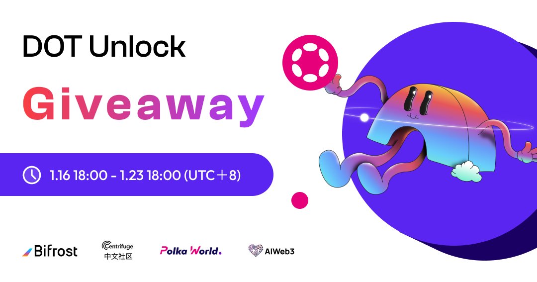 #DOT Unlock Again！DOT Unlock Giveaway 活动开始啦！🎊 #Bifrost 联合 @CentrifugeAsia、@polkaworld_pro 和@aiweb3dao 共同举办本次 @denet2022 空投活动，并提供总价值 500u 大奖！ 🔗立即瓜分：denet.me/m/E6DqnH #Giveaway #Airdrop #DeNet