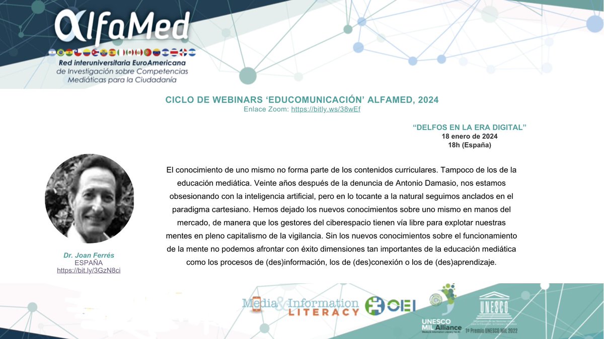 red_alfamed's tweet photo. ⚠️RECORDATORIO⚠️ El próximo día 18 de enero a las 18h (española) se celebra el primer webinar de la mano del Dr. Joan Ferrés. 

🗓️¿Te lo vas a perder?. Apúntate esta cita 📝 https://t.co/aejlLcziNI https://t.co/csRdhez15F