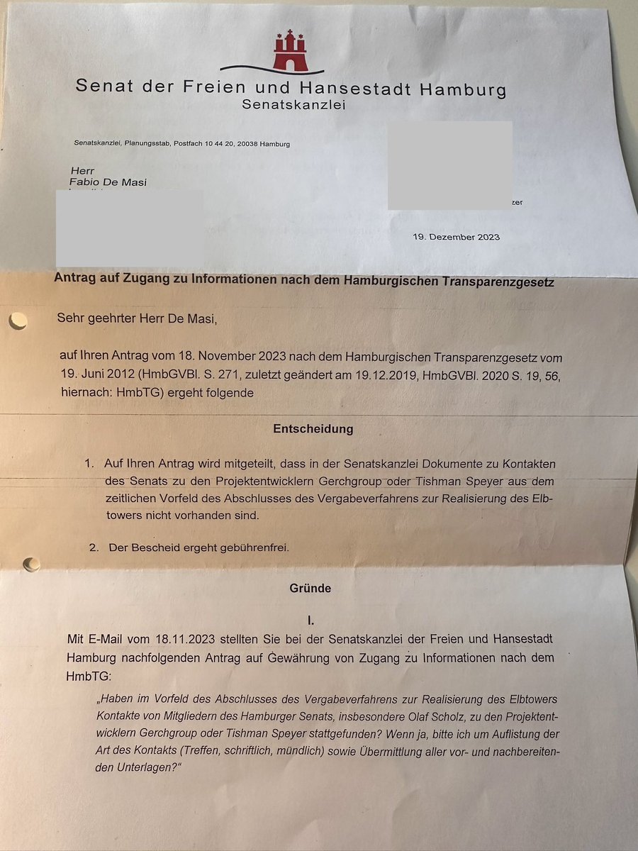 2/2 🧵 Nun hat mir der Hamburger Senat mitgeteilt ein Kontakt von Mitgliedern des Senats (und damit Scholz) zu den Wettbewerbern von Signa (Gerch Group/Tishman Speyer) habe nicht stattgefunden. Benkos Signa bekam am Ende trotz fehlender Finanzzusagen von Banken, die sich