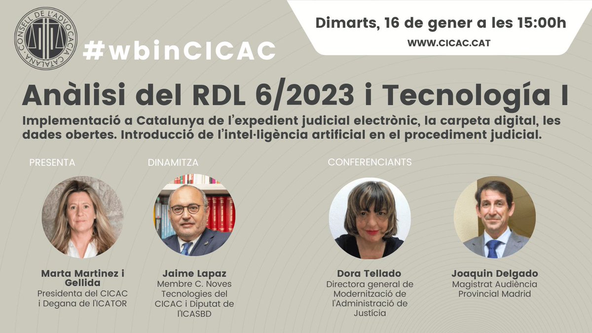 El <a href="/conselladvocat/">Consell de l’Advocacia Catalana</a> organitza un cicle de 4 webinars amb l’anàlisi del RDL 6/2023 de mesures urgents per l’execució del pla de recuperació, transformació i resiliència del servei públic de justícia

📆 Inici: Dimarts, 16 de gener

🕒15:00h 

Informació: bit.ly/3Hlt7sS