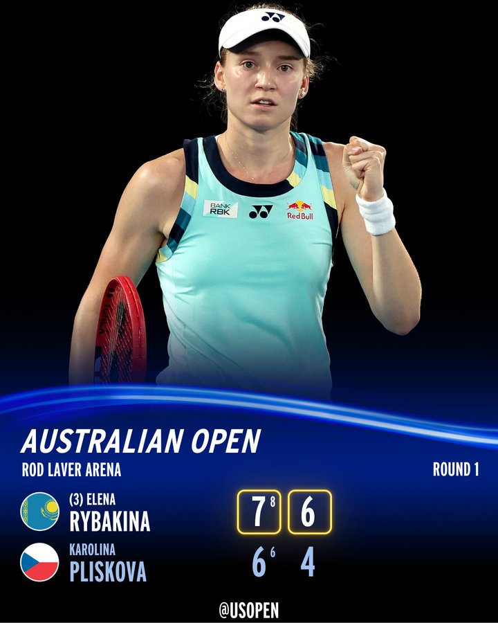 Elena Rybakina defeats Karolina Pliskova 7-6, 6-4 in Round 1 at the Australian Open