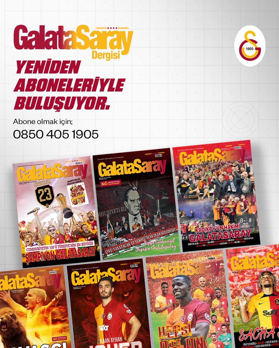 Galatasaray Spor Kulübü'nün ikonikleşen yayın organı Galatasaray Dergisi, yeniden aboneleriyle buluşuyor... Geniş içeriği ve unutulmaz posterleriyle iz bırakmaya hazırlanan Galatasaray Dergisi'ne 0850 405 1905 numaralı telefondan abone olabilirsiniz.