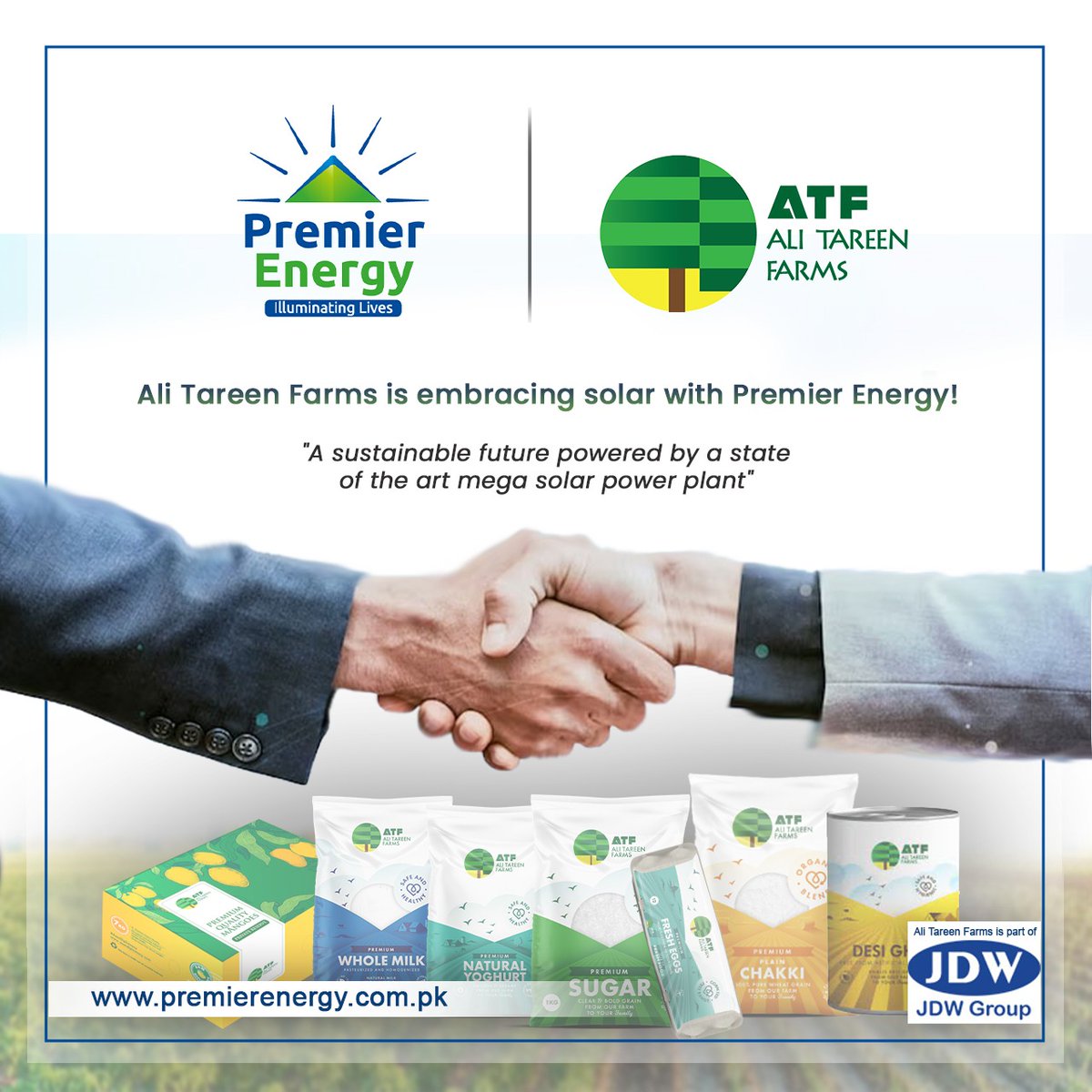PremierPakistan's tweet photo. ATF goes green with Premier Energy!

Ali Tareen Farms is known for its premium products with the highest quality. We are excited to have joined hands with ATF to empower their commitment to quality with clean and green electricity

Here's to building a sustainable future together https://t.co/PchHsKsBl0