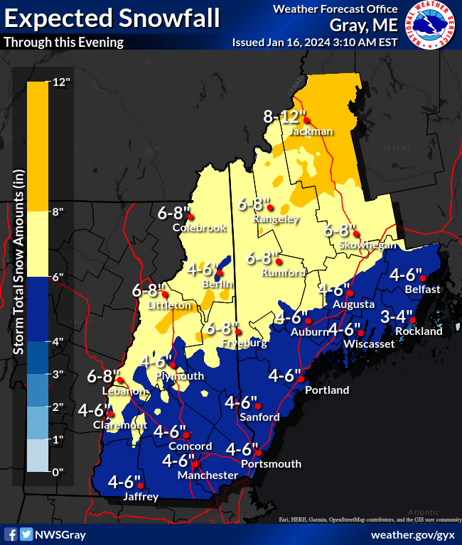 NWSGray's tweet photo. Watch for deteriorating road conditions this morning as snow develops across the area.  Snowfall totals have come up a bit overnight, but for most locations, a 4-8" snowfall is expected today. #mewx #nhwx https://t.co/laUBjjRpQc