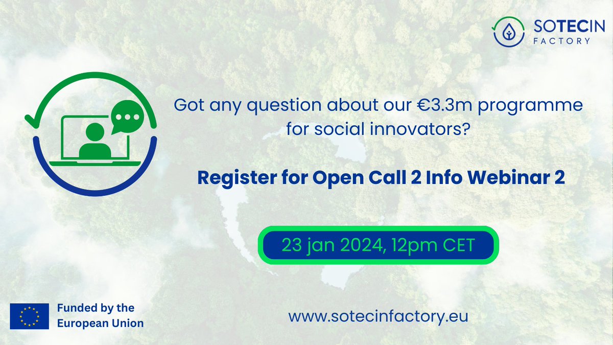 Register for #sotecinfactory open call 2 info webinar 2 &amp; ask all your questions about €3.3M programme for #socialinnovation &amp; #circulareconomy solutions in agrifood, textiles, plastics &amp; packaging industry ♻ 🌍 ⚙

🗓 23 Jan 2024, 12pm CET:
f6s.com/open-call-2-in…