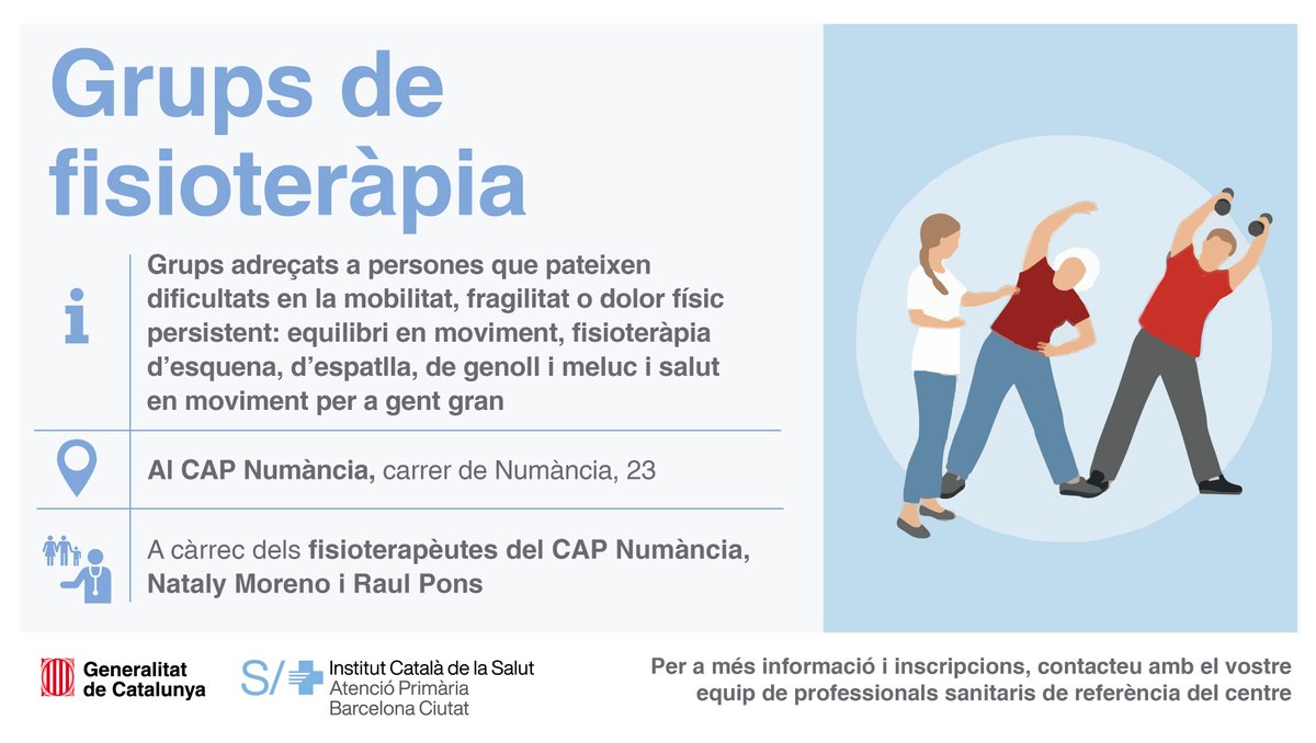 primariaicscat's tweet photo. 🚶♂️🚶♀️El #CAPNumància disposa de diferents activitats grupals per promoure l'activitat física i el moviment, al mateix temps que amplies els vincles amb la comunitat
- Passos saludables
- Activa't
- Recursa't, juntament amb #CAPRoger i #CAPSants
- Grups de fisioteràpia https://t.co/7mdPWBX7I1
