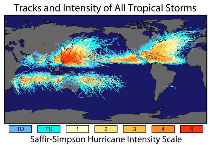 Rainmaker1973's tweet photo. This interesting chart shows how the tracks of all known hurricanes  have never crossed the equator due to the Coriolis force 

[source, read more: https://t.co/D5r5vACzQK] https://t.co/SSmmIuXB0u
