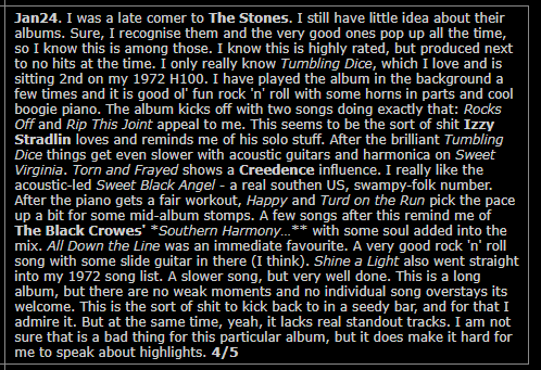 7RockLists's tweet photo. OK, I got through my #RandomAlbum #AlbumADay.
This was a long one, but glad I finally took the journey.
Here's what I cam up for #ExileOnMainStreet.
Remember my scores are for my lists: what I like. Not a rating of objective quality. https://t.co/qMZ9ZVB6e0