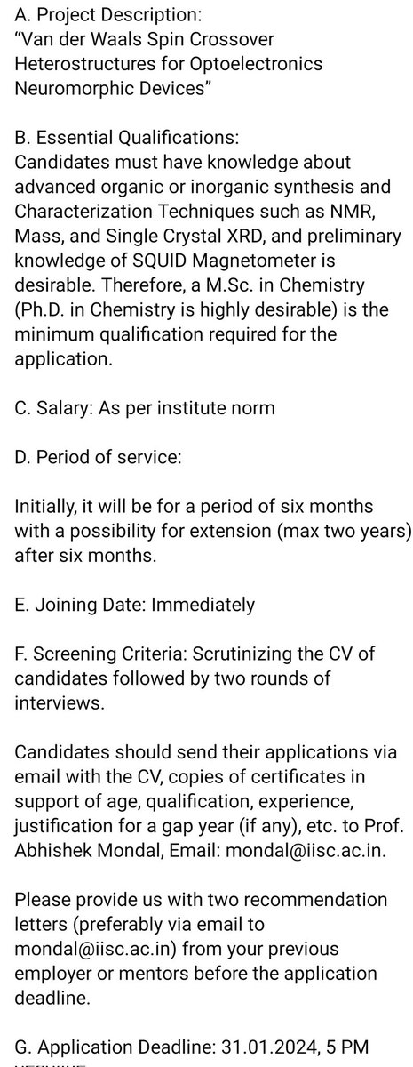 Applications are welcome for the Research Associate Position at the Solid State and Structural Chemistry Unit under the supervision of Prof. Abhishek Mondal. For details check the attachment.
facebook.com/share/p/cpJkXb…