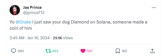 TBG_JUST_G's tweet image. . #Diamond just received a MAJOR shout out from @Drake's manager as well

@DrakesDogSol is going to CRAZY heights on $SOL.
20mil $USD Volume 1st day?!? 100mil+ with 1bil on the horizon with what's coming


.
#Crypto