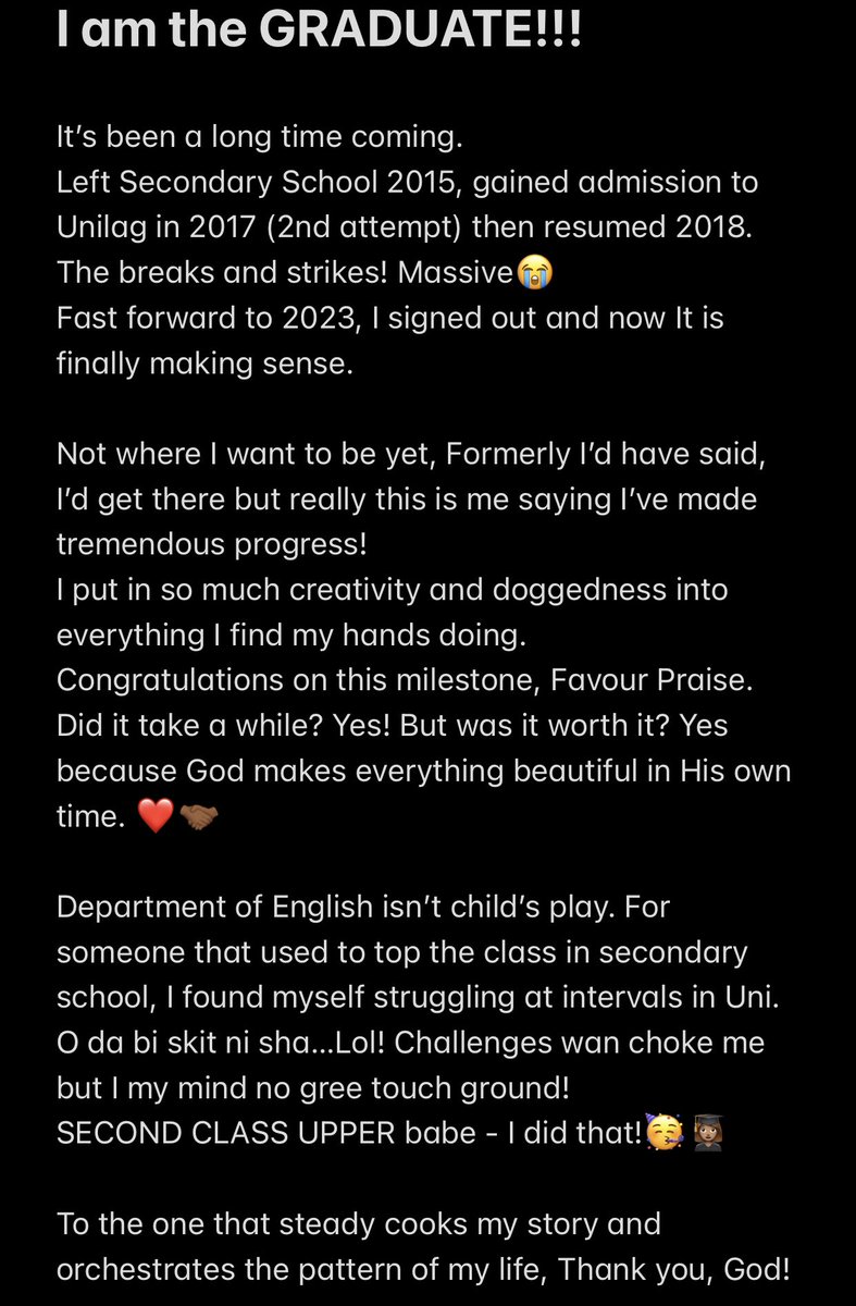 FavourPraise_'s tweet photo. 👩🏽‍🎓
B.A (Hons) ENGLISH, UNILAG.
Second Class Upper.

Super grateful for this feat🥺 https://t.co/kwWD9DUXzr