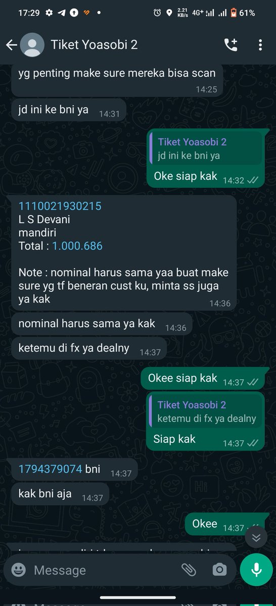 SalmanAdiTeguh's tweet photo. #YOASOBIJAKARTA 
#wtsyoasobi
Wkwwkkwkw bener ternyata dugaan, ini kesalahan ku guys, semoga kalian ga kena yaa, hati" Dalam bertransaksi guys. (Konteksi wts tiket yoasobi di twitter @hyoffcx ati" Aja sama mas ini, saya ikhlas mas tpi tidak memaafkan biar Tuhan yang mengadili 🙏 https://t.co/JvoO8ryoxj