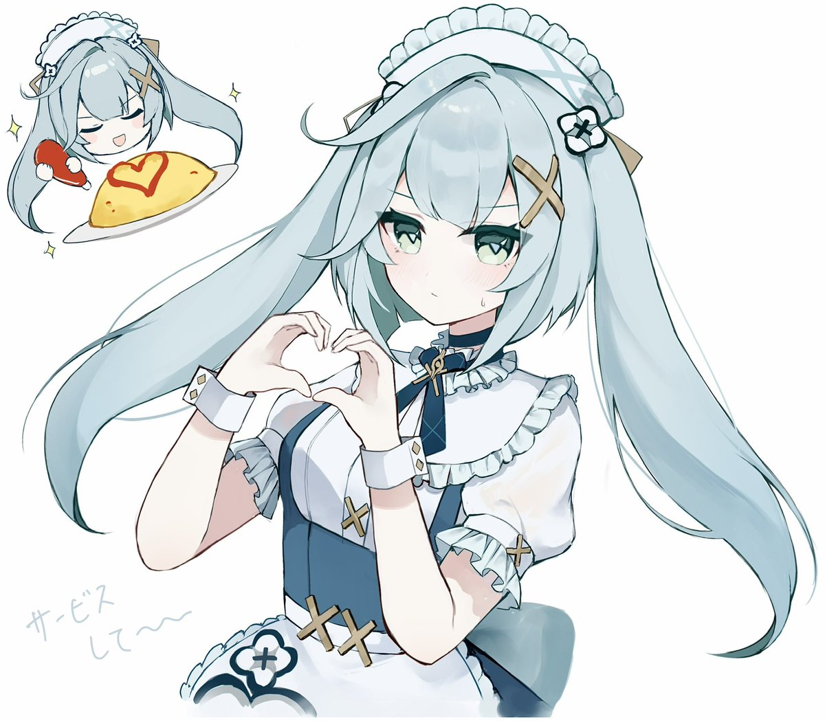 faruzan (genshin impact) 1girl twintails omelet heart hands omurice heart maid headdress  illustration images