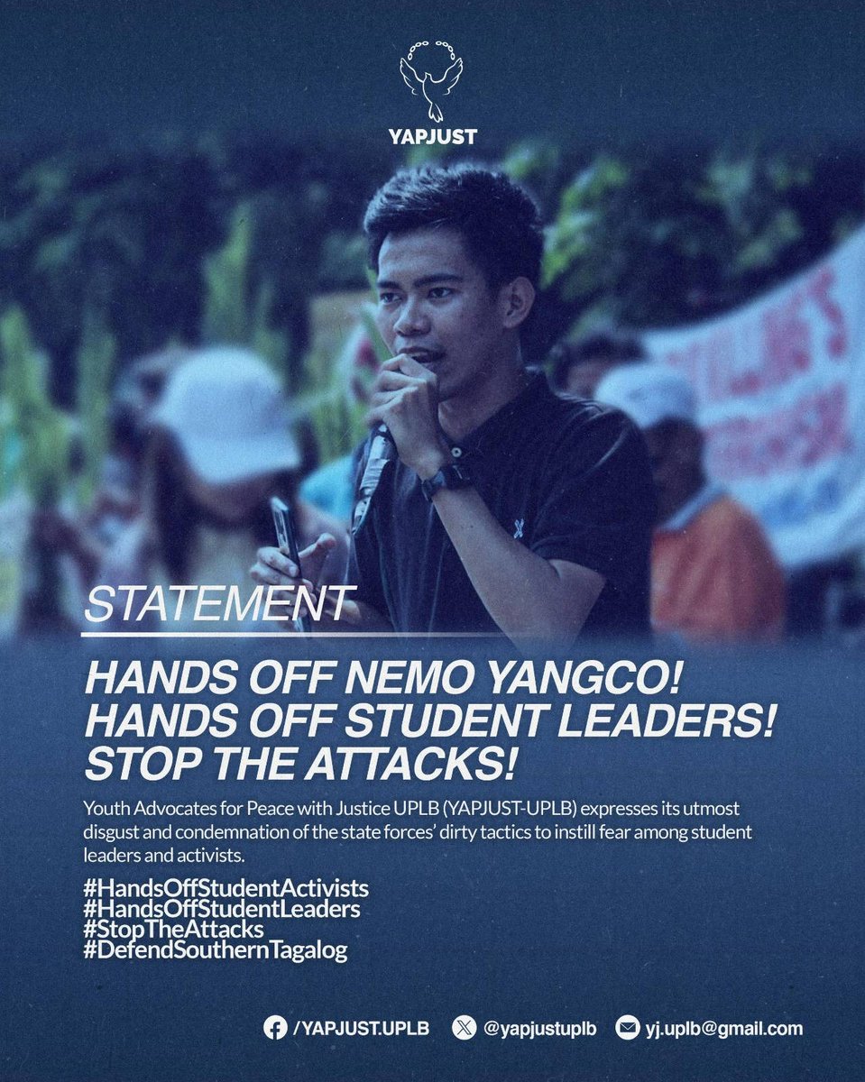 yapjustuplb's tweet photo. Hands off Nemo Yangco! Hands off student leaders! Stop the attacks! 

YAPJUST-UPLB stands with the student leaders, activists, and others in forwarding a genuine and long-lasting peace based on social justice.

#HandsOffStudentActivists
#HandsOffStudentLeaders
#StopTheAttacks https://t.co/oSTZKE09lg