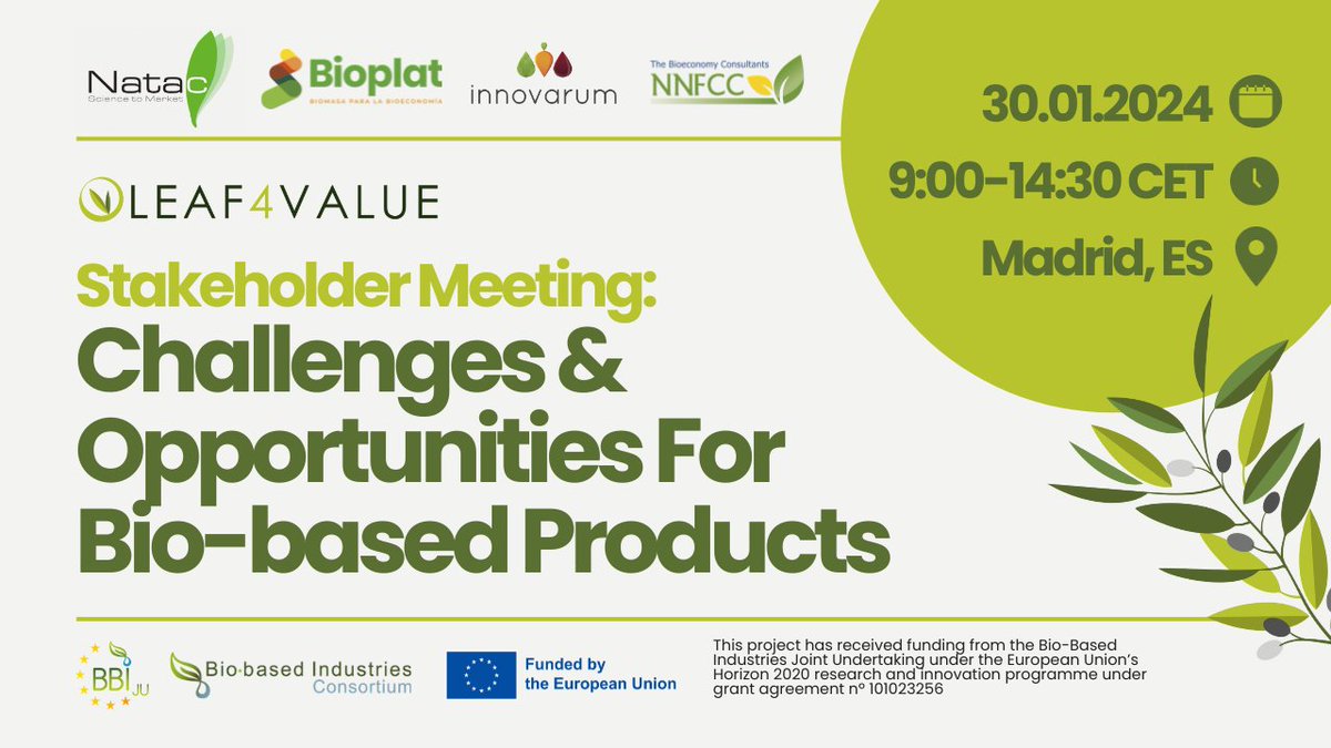 🌱 Join OLEAF4VALUE in Madrid on Jan 30th for 'Challenges & Opportunities For Bio-based Products' 🚀 Explore bioeconomy barriers, opportunities, and revalorization of byproducts 🗓️ Jan 30 | 📍 Madrid | 🕒 9:00-14:30 CET | 💻 Hybrid Event. 📌 Register: forms.gle/aU44wd7idCoLzw…