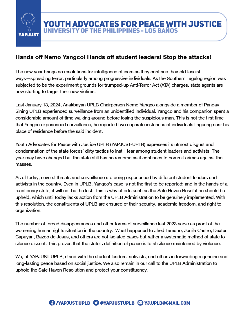yapjustuplb's tweet photo. Read YAPJUST-UPLB's full statement on the recent state surveillance on student activists:

#HandsOffStudentActivists
#HandsOffStudentLeaders
#StopTheAttacks
#DefendSouthernTagalog https://t.co/KTiPa4oI2J