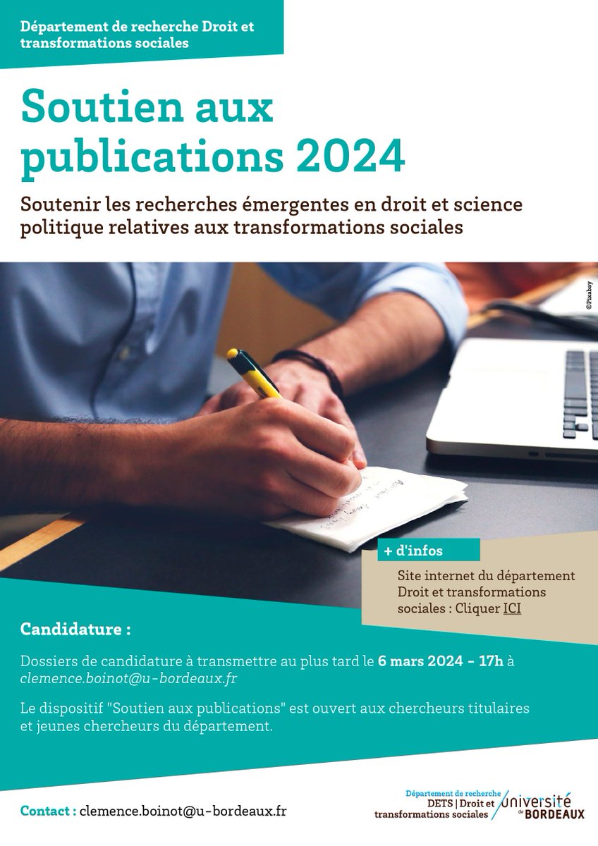 dept_DETS's tweet photo. [AAP-DETS]
Lancement du dispositif soutien aux publications DETS 2024 !
Dossiers de candidature à transmettre avant le 06/03/24 - 17h.
+ d'infos : https://t.co/YyDWh6w4kX

@inst_ISCJ, @CRDEI_33, @irm_ub33, @cerccle, @comptrasec, @UB_Cerfaps, @InstitutLDuguit https://t.co/2ps4G6paFO