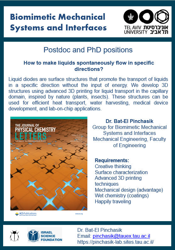 PinchasikLab's tweet image. We're hiring! 
Come work with us if you're interested in wetting phenomena, how liquids interact with surfaces, solving water shortages, improving liquid transport and many other cool topics