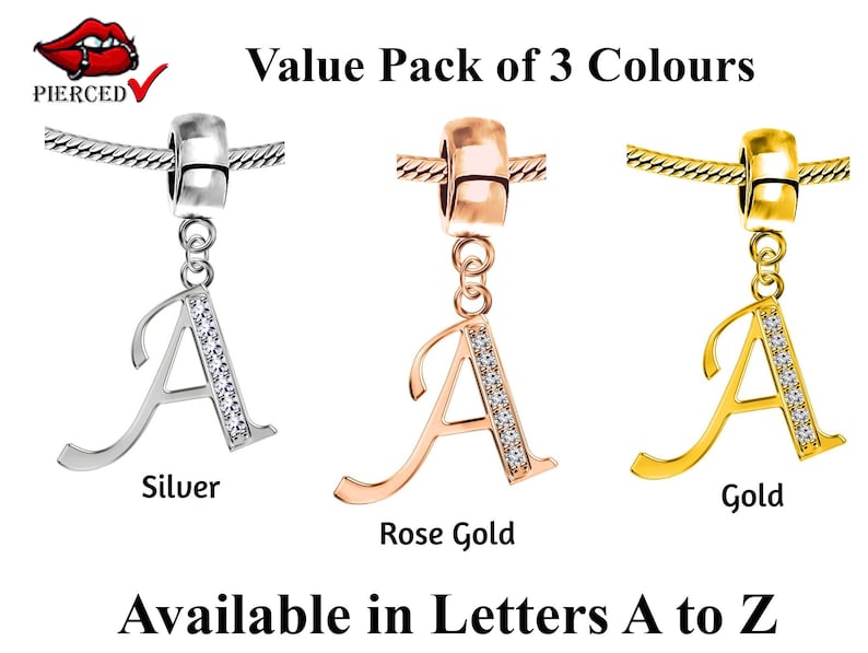 Letter Charm-Silver Alphabet Charm Initial A-Z for European Charm Bracelets and Necklaces-3 pieces-Colour Silver,Gold and Rose Gold. #silverinitialcharms  #letterscharms #alphabetcharms #silvercharms #danglecharms #europeanbracelets #italianbracelets  
🛒etsy.com/uk/listing/117…