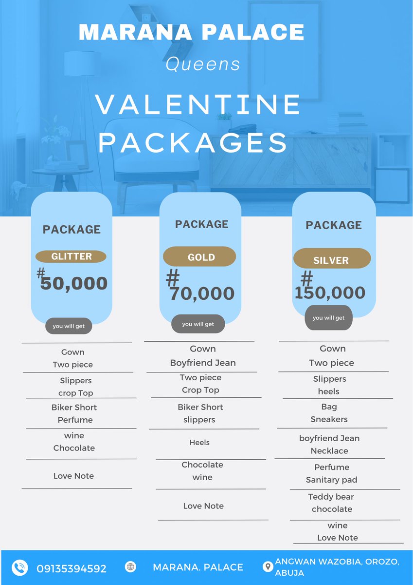 maranapalace's tweet photo. Valentine’s Day package for her 😊🥰🔥
Make her feel special this season with any of our packages 🔥 
Which provides her pampering treats 🔥
Our gift list is all about celebrating the incredible women in your life 👌
Kindly share your preferred one to your odogwus❤️ https://t.co/s47g7HDooj