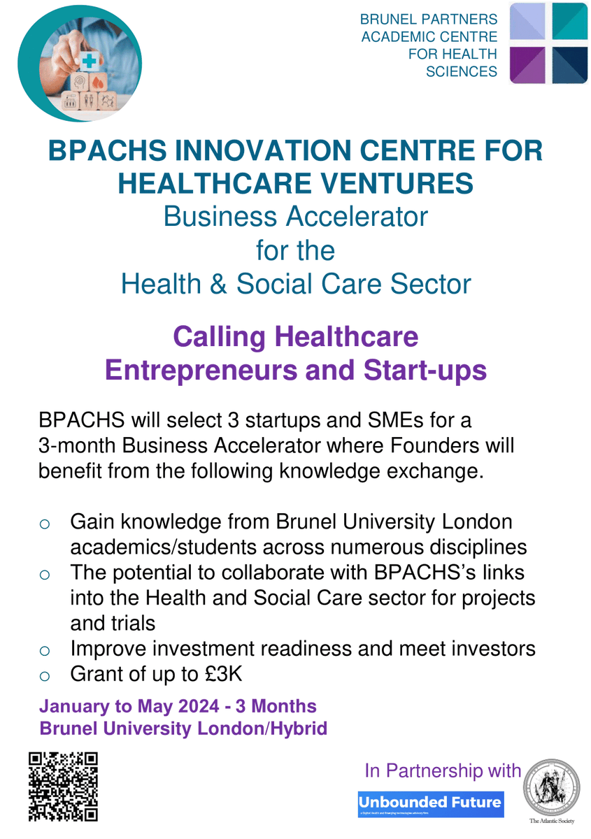 Brunel Partners Academic Centre for Health Sciences are pleased to announce Brunel University London’s first Business Accelerator for the #health and #socialcare sector. Find out more about the 3 month Business Accelerator via shorturl.at/imyAV