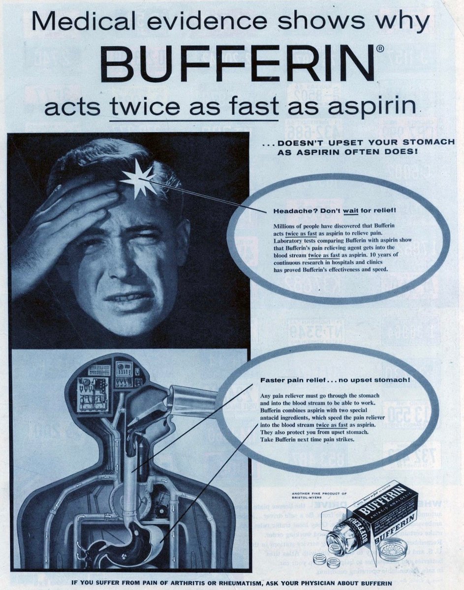 LRonLacy's tweet photo. #OTD in 1956
‘Medical evidence shows why Bufferin acts *twice as fast* as aspirin. . . .doesn’t upset your stomach as aspirin often does’ January 16, 1956.
#illustration #graphicdesign #anatomy #diagram #Bufferin #aspirin https://t.co/tlojL7h1FZ
