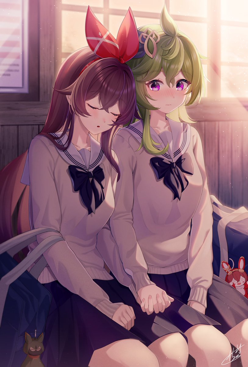 amber (genshin impact) ,collei (genshin impact) multiple girls 2girls school uniform blush green hair sleeping yuri  illustration images
