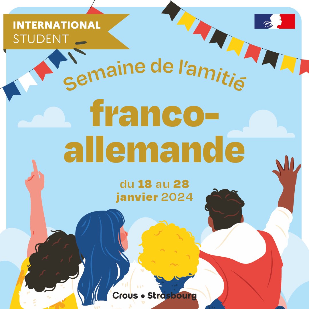 Strasbourg♥Étudiants (@strasetudiants) on Twitter photo Semaine de l'amitié franco-allemande 🇫🇷🇩🇪
Tout un programme d'animations et des repas au Crous t'attendent pour la semaine de l'amitié du 18 au 28 janvier! 🫶
🔗crous-strasbourg.fr/2024/01/04/cel…
#francoallemand #amitié #semaineamitié #strasbourg #crous #strasetudiant #etudiant Semaine de l'amitié franco-allemande 🇫🇷🇩🇪
Tout un programme d'animations et des repas au Crous t'attendent pour la semaine de l'amitié du 18 au 28 janvier! 🫶
🔗crous-strasbourg.fr/2024/01/04/cel…
#francoallemand #amitié #semaineamitié #strasbourg #crous #strasetudiant #etudiant