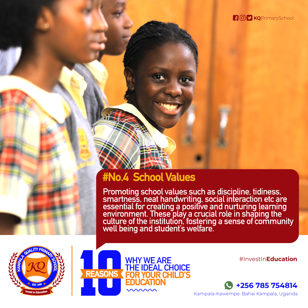 kqprimaryschool's tweet photo. #ReasonNo.4 School Values: We promote values such as discipline, tidiness, smartness, neat handwriting, social interaction etc. These are essential for creating a positive & nurturing learning environment. #TenReasons #WhyChooseUs. For details; #WhatsAppOrCall +256 705 299274. https://t.co/zwnDCJJjUi