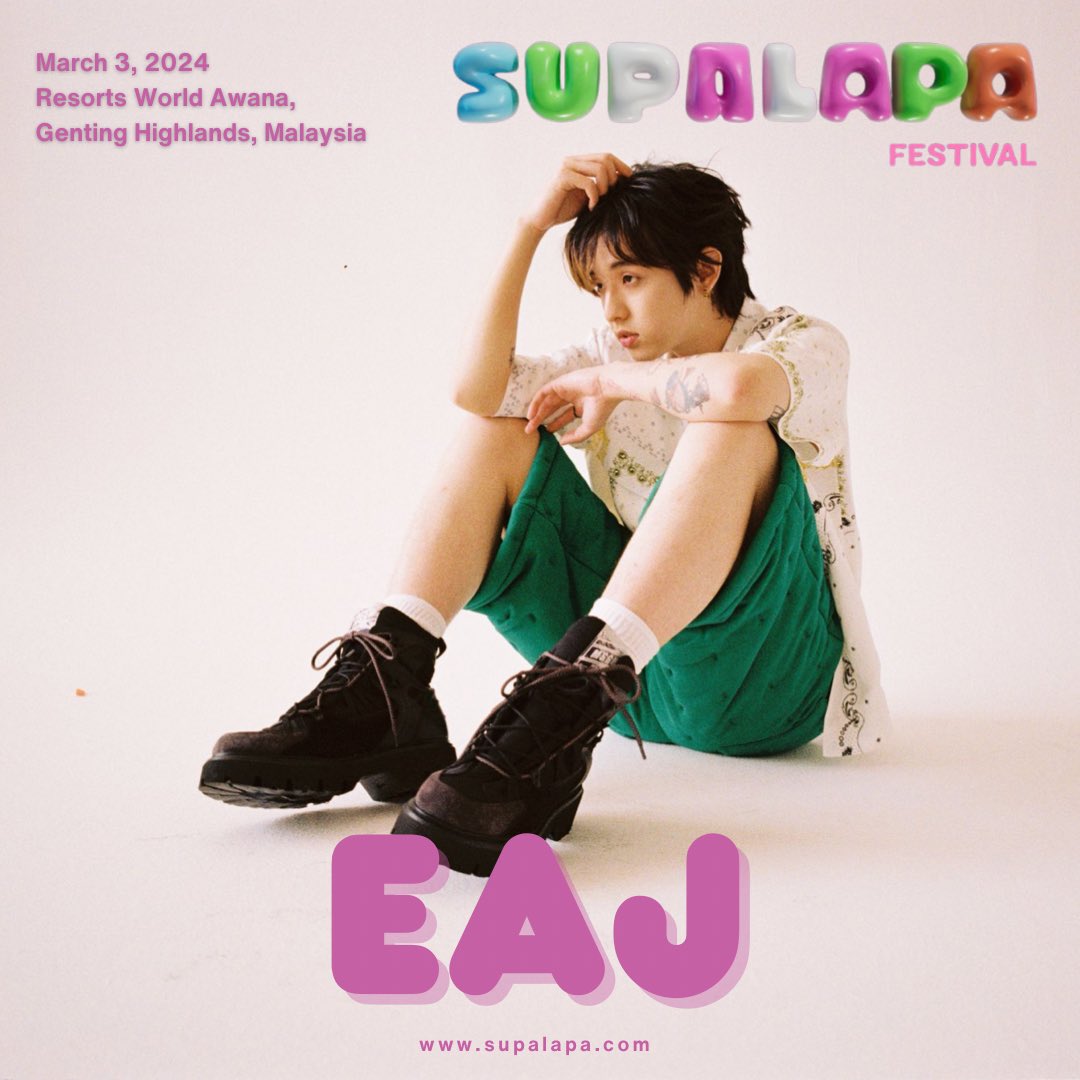 Confirmed‼️

<a href="/eaJPark/">eaJ¹ᐟ</a> will be performing at Supalapa Festival, Malaysia🎵

📆 Sun, March 3, 2024

Festival will start at 1 PM MYT. 
Exact time for eaJ's stage will be informed later.

Get your 🎟️:
🔗supalapa.com/pages/ticketin…
Starts from RM448

<a href="/SupalapaFstvl/">SUPALAPA</a> 
#eaJPark #SUPALAPA2024