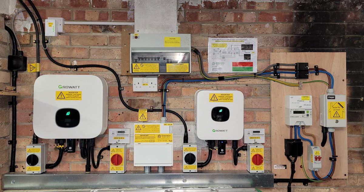 GreenwireSolar's tweet photo. A 9.1kWp PV system we installed in #Newbury using 22 x Trina Solar 415W panels which we think look stunning! With 2 x Growatt Inverters installed in the garage. The installation also included a Zappi EV charger for an imminent EV purchase &amp; an Eddi water heating diversion device https://t.co/UgyoO6Iwc8