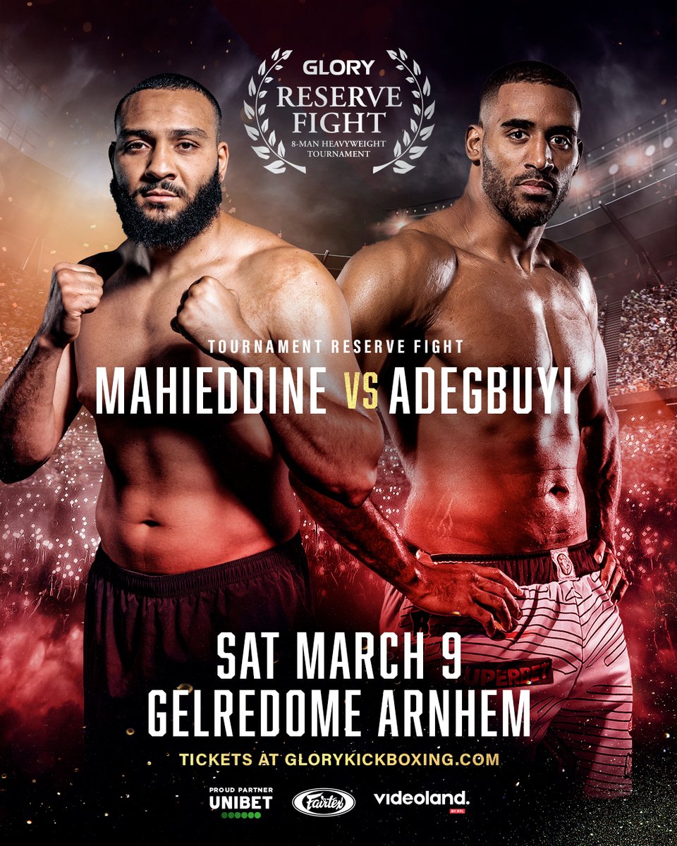 BREAKING: Nordine Mahieddine vs. Benjamin Adebuyi will be the official reserve fight for the GLORY Heavyweight Grand Prix, March 9th in the Gelredome, Arnhem.

Buy your tickets at GLORYKickboxing.com