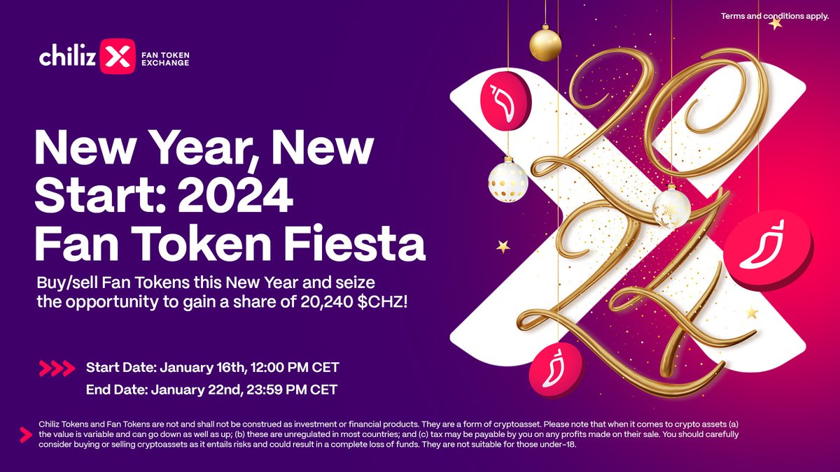 ChilizX's tweet photo. New Year, New Start!
Now’s your chance to dive into the world of Fan Tokens and celebrate 🙌

🏆 Top 20 highest buy/sell volume contributors of any Fan Token/CHZ pair on ChilizX
🎁 Share the 20,240 $CHZ prize pool

More info 👉 https://t.co/eL6CfunPaR

#FanTokenFiesta2024 ⚡ $CHZ https://t.co/GnqIclOCBo